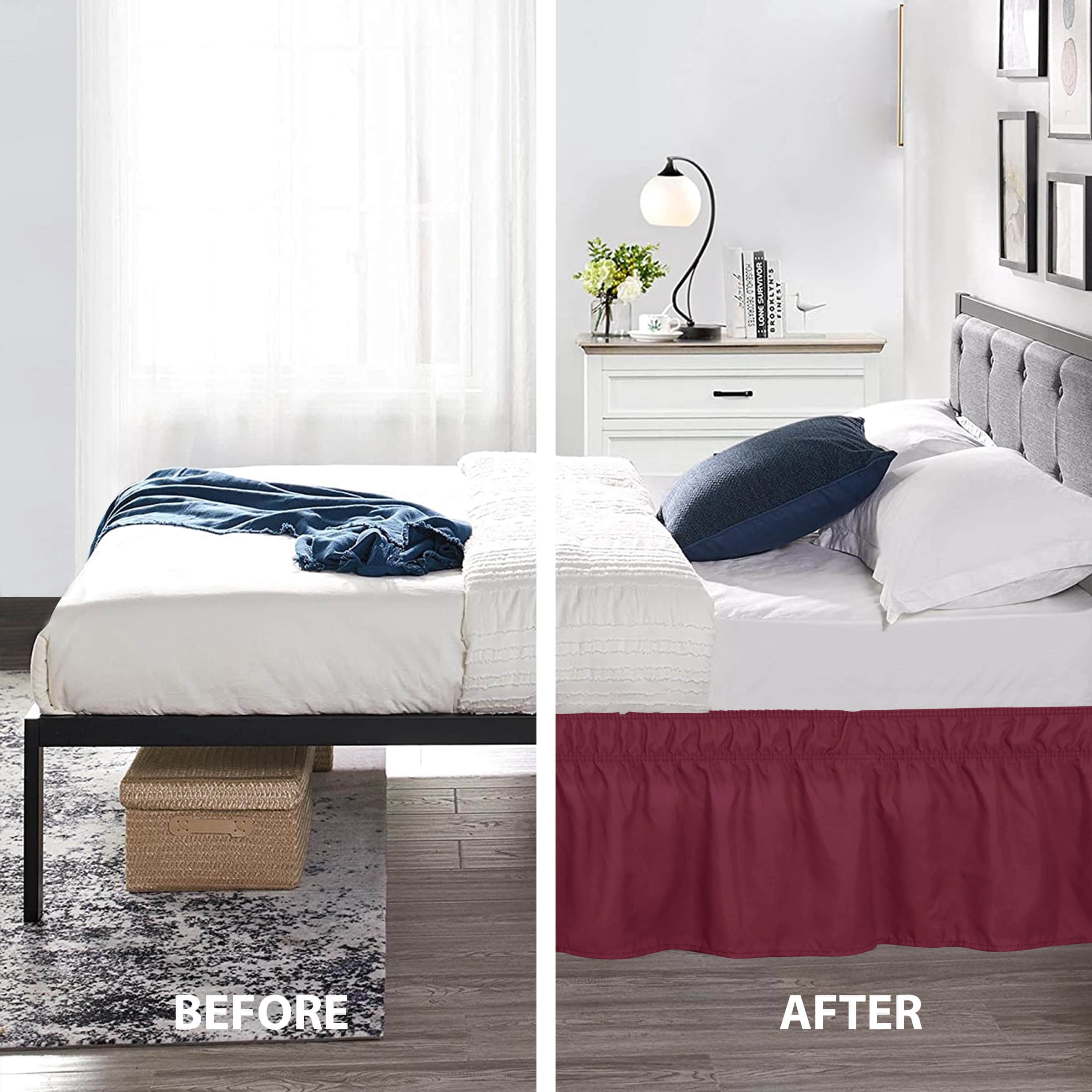 Subrtex Bed Skirt Wrap-Around Dust Ruffle Elastic 16 Inch Bed Cover, King, Wine