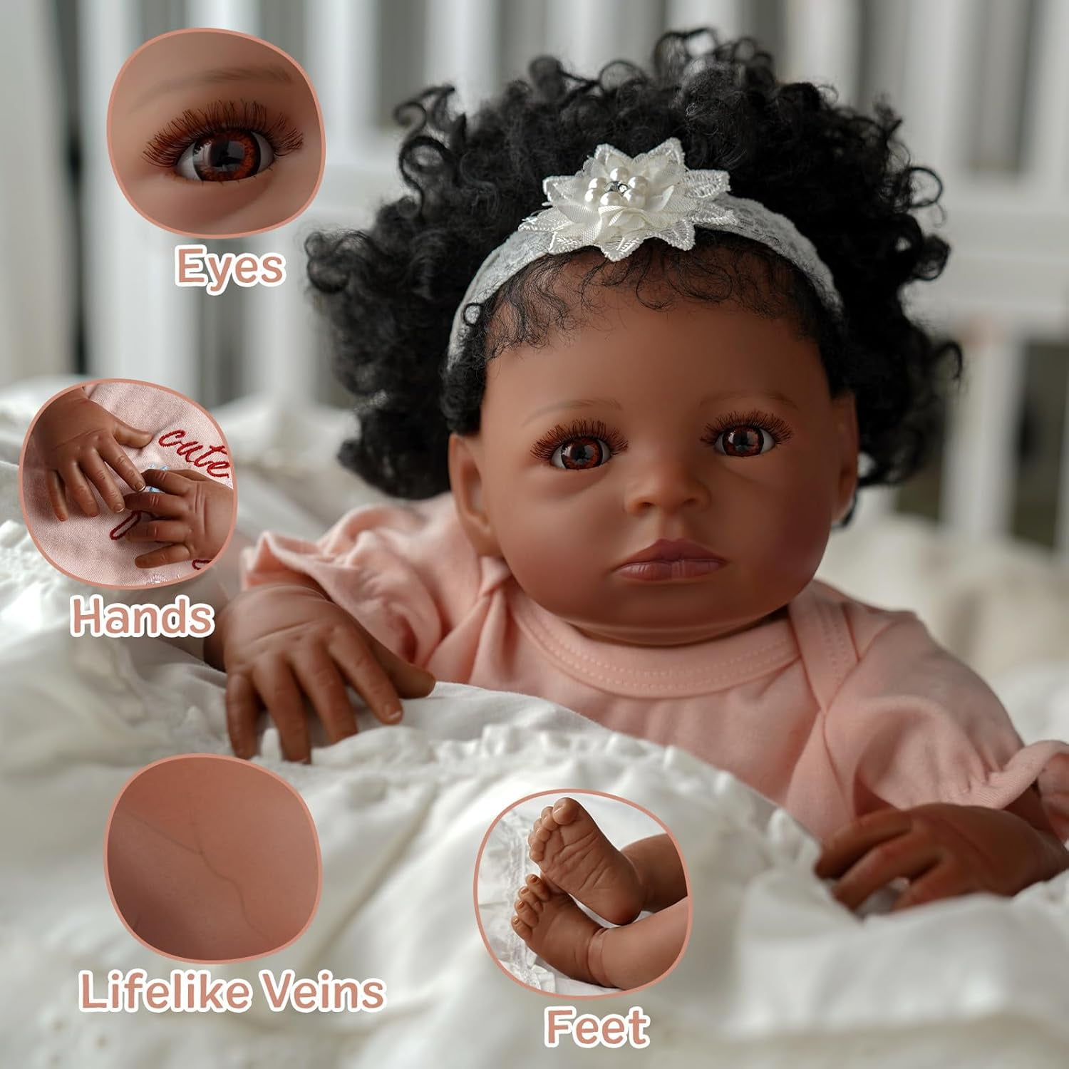 BABESIDE 20 Inch Lifelike Reborn Baby Dolls Black Girl Girl Real Life Baby Girl Dolls Soft Vinyl and Cloth Body with Gift Box for Kids Age 3+