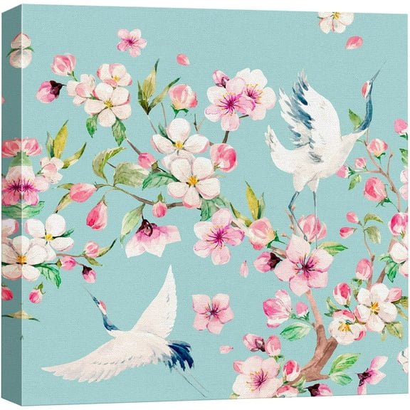 wall26 Canvas Print Wall Art Watercolor Crane Duo & Cherry Blossoms Animals Wildlife Illustrations Modern Art Rustic Scenic Colorful Farmhouse/Country for Living Room, Bedroom, Office - 24"x