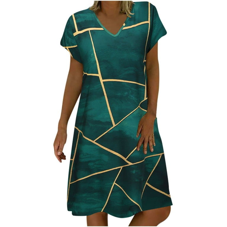 Bigersell Nursing Dress Women's Fashion Casual Comfortable Printed Short  Sleeve V-Neck Knee Length Dress Tulle Dress Regular Mini Dresses, Style  24026, Green S 