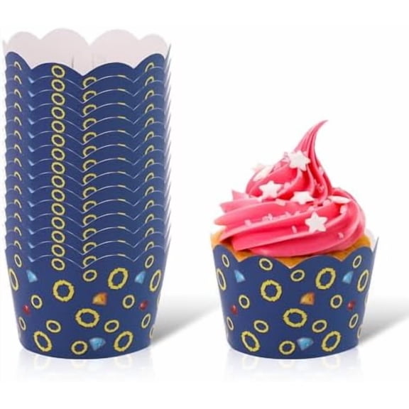 24pcs Video Game Cupcake Wrappers, Cartoon Blue and Gold Rings Print Themed Party Decorations Cake Liner Holder Cup Wraps for Girls Boys Birthday Party Baby Shower Supplies