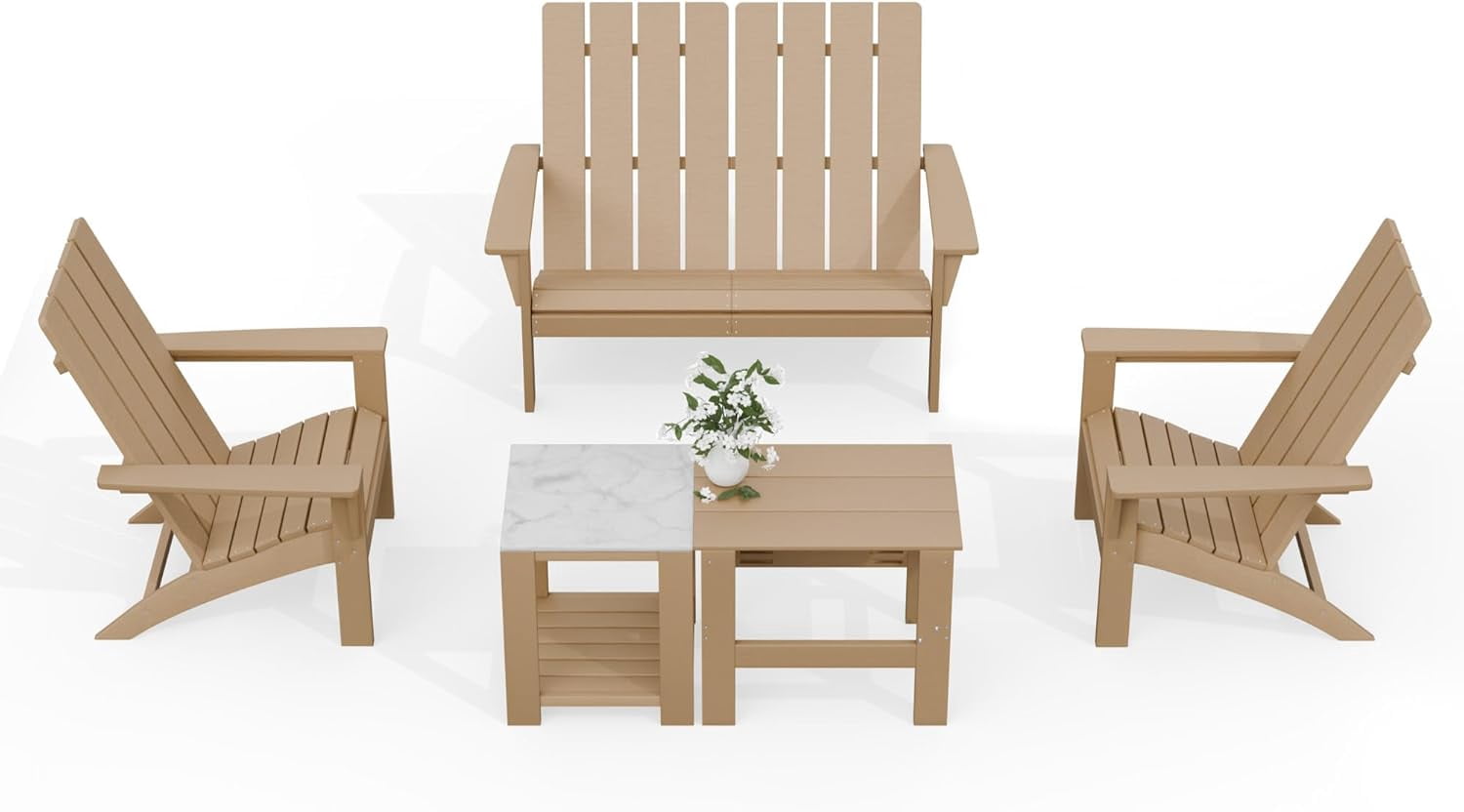 ALAULM All-Weather HDPE 8PCS Modular Flexible Combination Adirondack Conversation Set with Marble-Look Interlocking Side Tables for Deck Patio Poolside, Brown