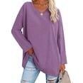 thumbnail image 2 of Women Blouse Long Sleeve Shirt Pure Colour Pullover V Neck Loose Hem Casual Design Purple M, 2 of 6