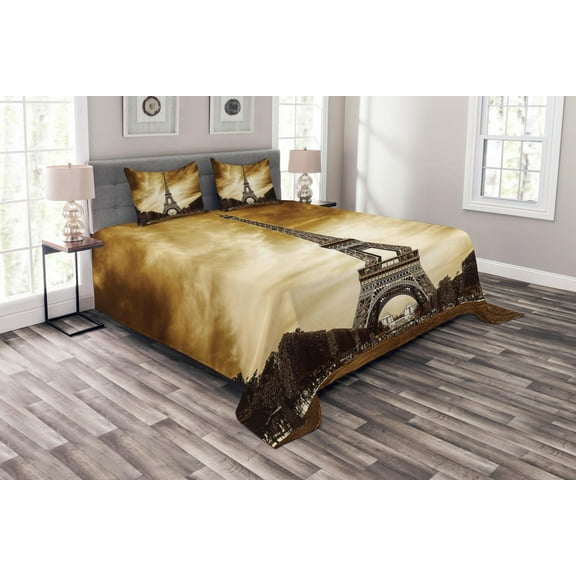 Ambesonne Eiffel Quilted Bedspread Set 3 Pcs, Paris France Brown Skies, Queen Size, Yellow and Brown