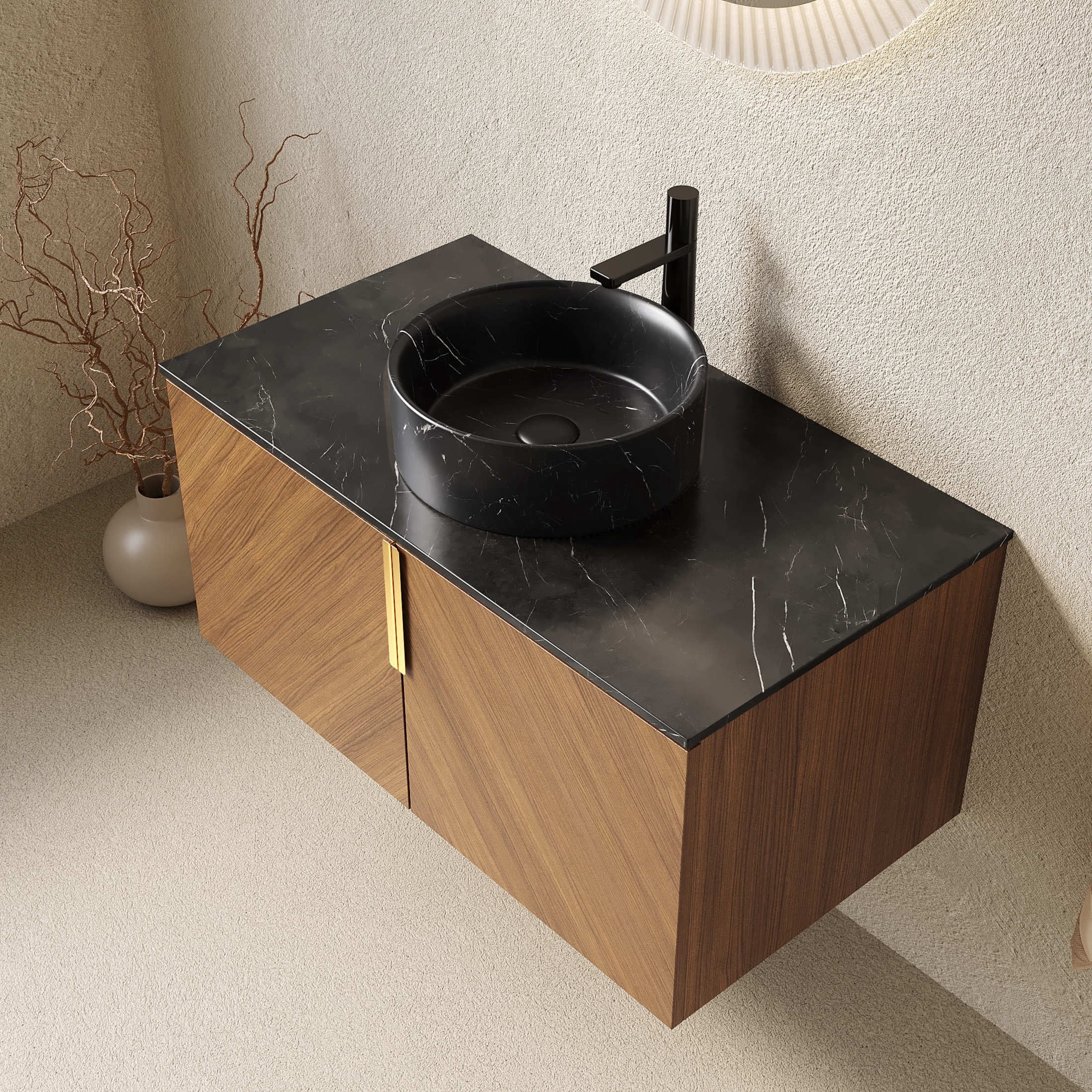 Noble House ARAI 36" Floating Bathroom Vanity, Sintered Stone Top Storage Cabinet with Black Round Vessel Sink, Oak