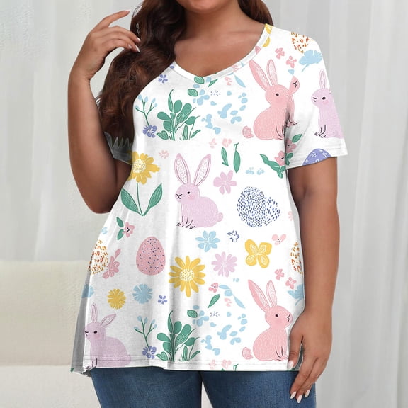 Hfnxid Women Plus Size Easter Top Floral Bunny Graphic T-Shirts Fashion Loose Fit Short Sleeve Shirt Holiday Beach Vacation Casual Tops Multicolor XXXXXL
