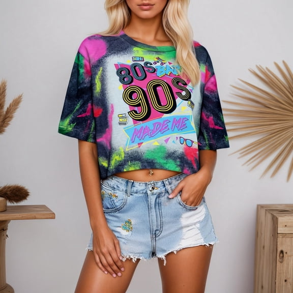 Trendfront Womens 80s Baby 90s Made Me Graphic Crop Top Neon Tie Dye Crewneck Short Sleeve T Shirt Retro Vintage Party Cropped Tee Summer Clothes