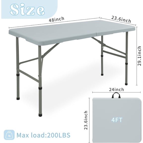 4FT Folding Table Portable Heavy Duty Plastic Outdoor Dining Table with Steel Legs for Indoor Picnic Party