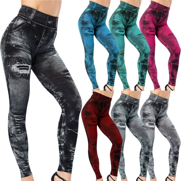 PXLKNZH Women's Stretchy Leggings Seamless Elastic High Waist Tights Trendy Denim Printed Fake Jean Workout Sport Yoga Pants Blue,XXXL