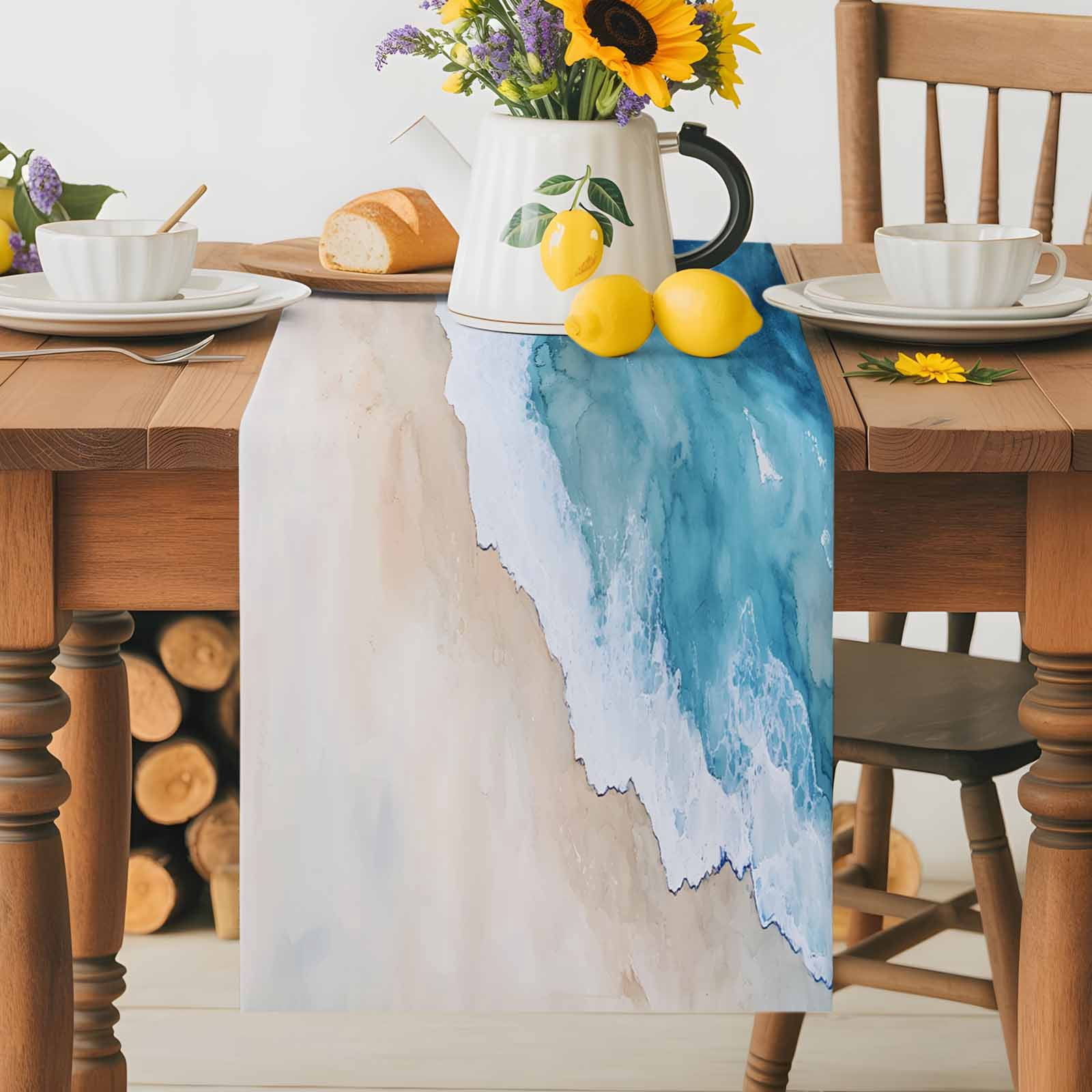 Blue Waves Summer Beach Table Runner 90 Inches Long, Gradient Water Ripples Table Runners Tabletop Scarf Kitchen Dining Tables Decoration for Home Party Indoor Outdoor