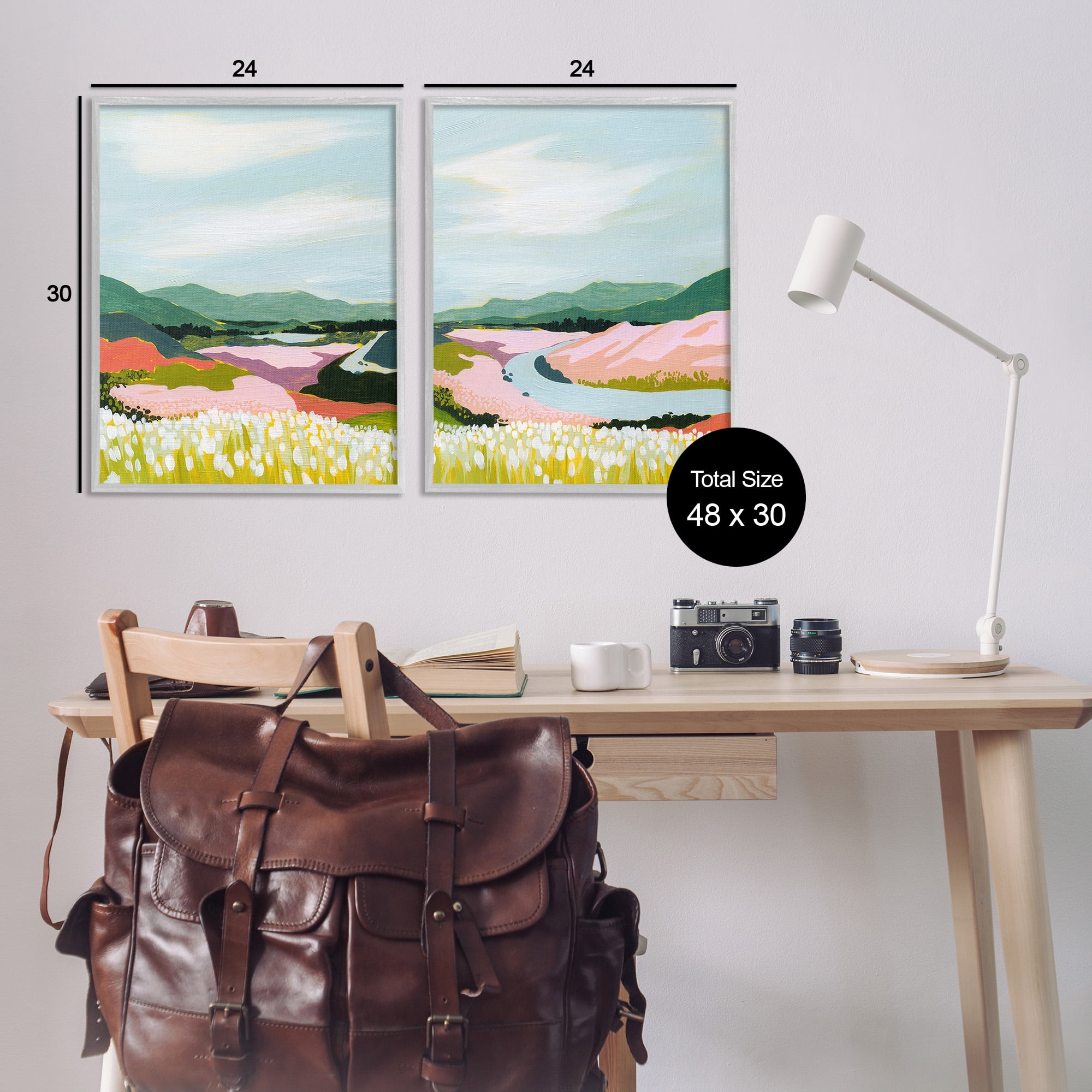 Stupell Industries Mountain Valley Meadow Landscape Painting Gray Framed Art Print Wall Art, 24 x 30, Set of 2