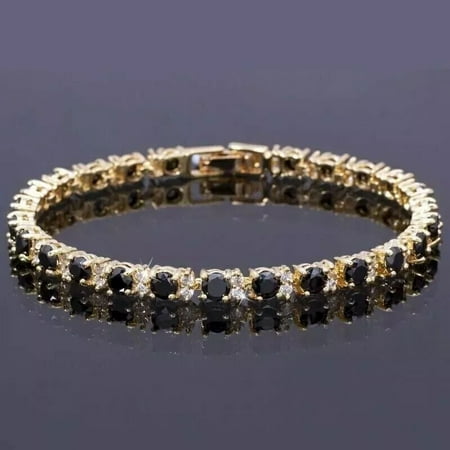 Jewelry Hub Round Cut Simulated Black Diamond Tennis Bracelet, 14K Yellow Gold Plated