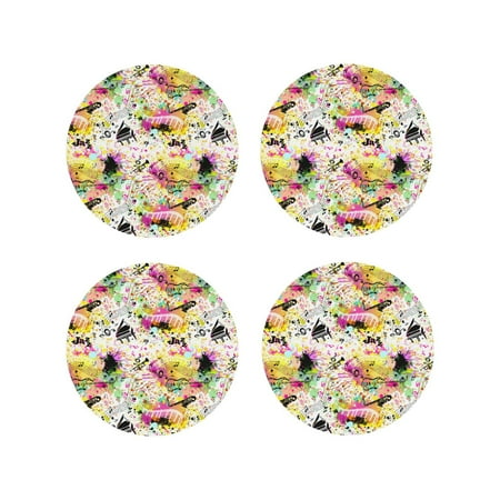 

KLL Drink Coasters Set Round Shape of 4 PU Leather Absorbent Coasters Set Decorative Coffee Cup Coasters Housewarming Gift for Home Decor-Retro Musical