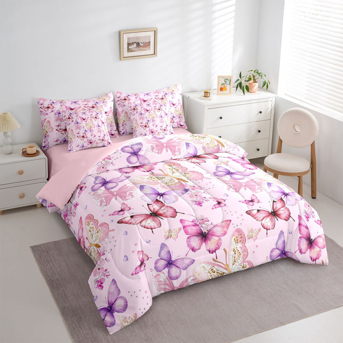 Homewish Colorful Butterflies 7-Piece Bedding Comforter Set For Children Kids Teens,Dreamy Princess King Bedding Sets,Pink Purple Ultra Soft Bed Sheets,Luxury Bedroom Decor,Reversible