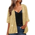 thumbnail image 3 of Women's Sequin Jacket Three Quarter Sleeve Blazer Top for Casual Party Night Out Vacation Beach Clubwear Fashion Essential Gift for Ladies | CSEONE,Yellow XL, 3 of 9
