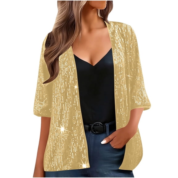 Fengactive Women's 3/4 Sleeve Sequin Jackets Open Front Sequin Cardigan Blazer