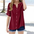 thumbnail image 2 of KAUOD Teen Youth Girls Buttons V Neck Tunic Front Open Solid Cotton Linen Beach Casual Summer Blouse Shirts Short Sleeve, 2 of 4