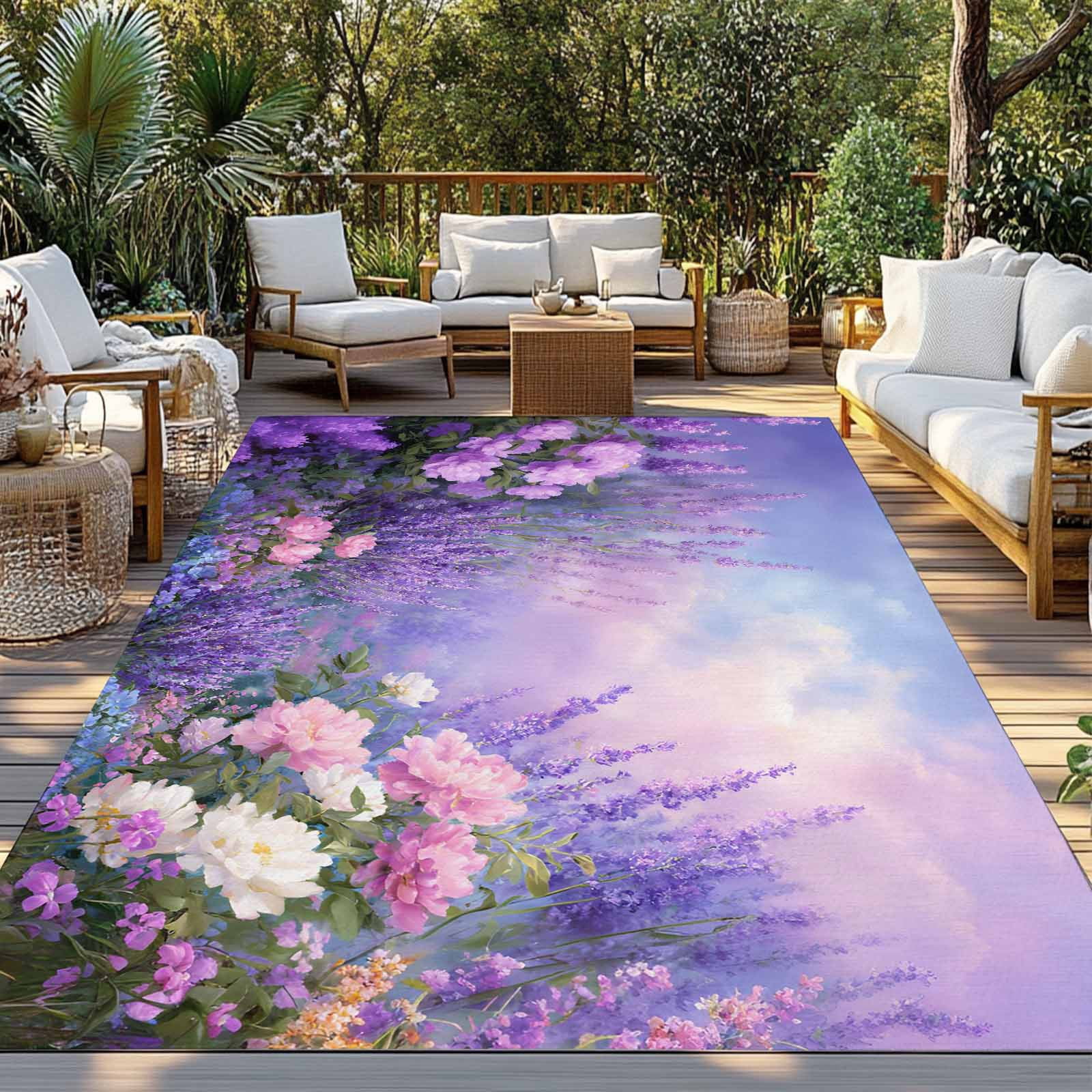 Purple Lavender Outdoor Rug for Patio/Deck/Porch, Non-Slip Large Area Rug 4 x 6 Ft, Spring Watercolor Country Wildflowers Indoor Outdoor Rugs Washable Area Rugs, Reversible Camping Rug Carpet Runner
