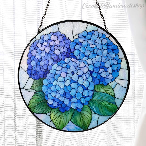 New Hydrangea Bouquet Glass Suncatcher, Hydrangea Flower Window Hanging Decor, Hydrangea Lover Ornament, Hydrangea Glass Art Gift