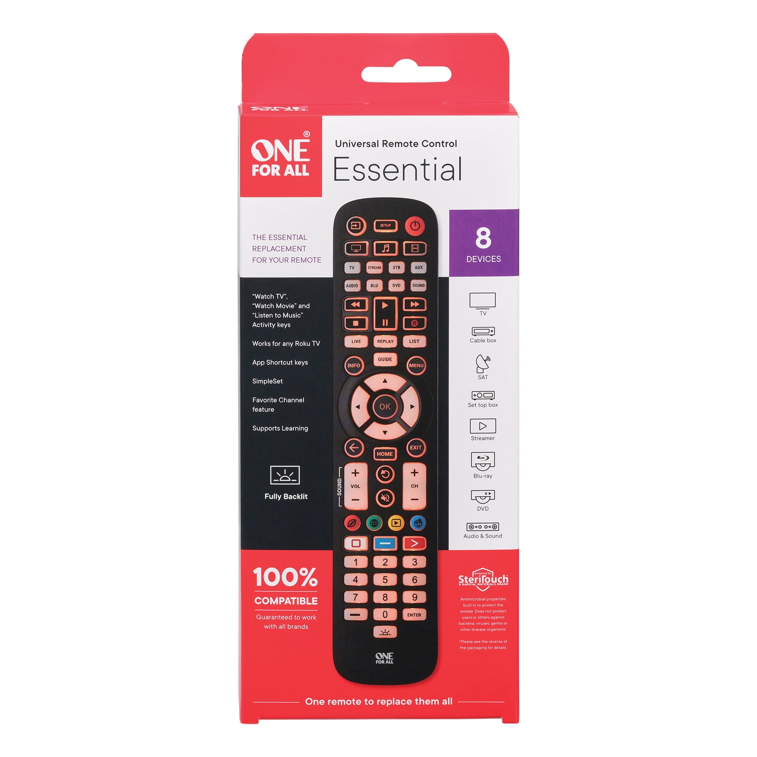 One For All URC3680 Essential 8-Device Antimicrobial Backlit Universal Remote