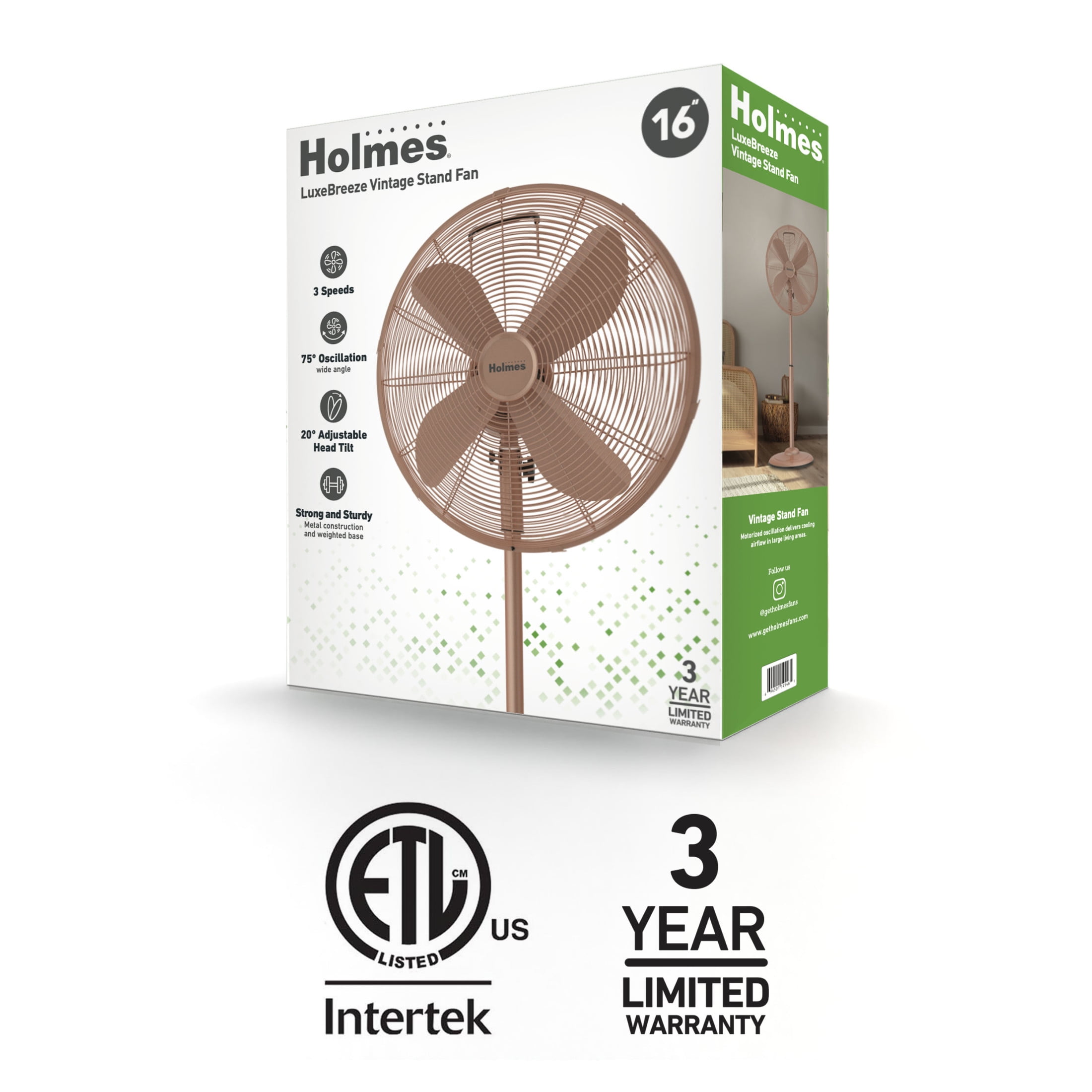 Holmes 16 Inch Oscillating Stand Fan 3 Speed Tilt Head Pedestal Brushed Copper