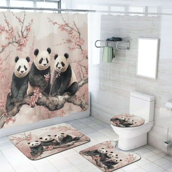Cute Panda 4 Pcs Shower Curtain Set Cherry blossoms Cartoon Animal Theme with 12 Hooks, Bath Mat Set Bathroom Decor by Durable Waterproof Fabric, 72x72 Inch