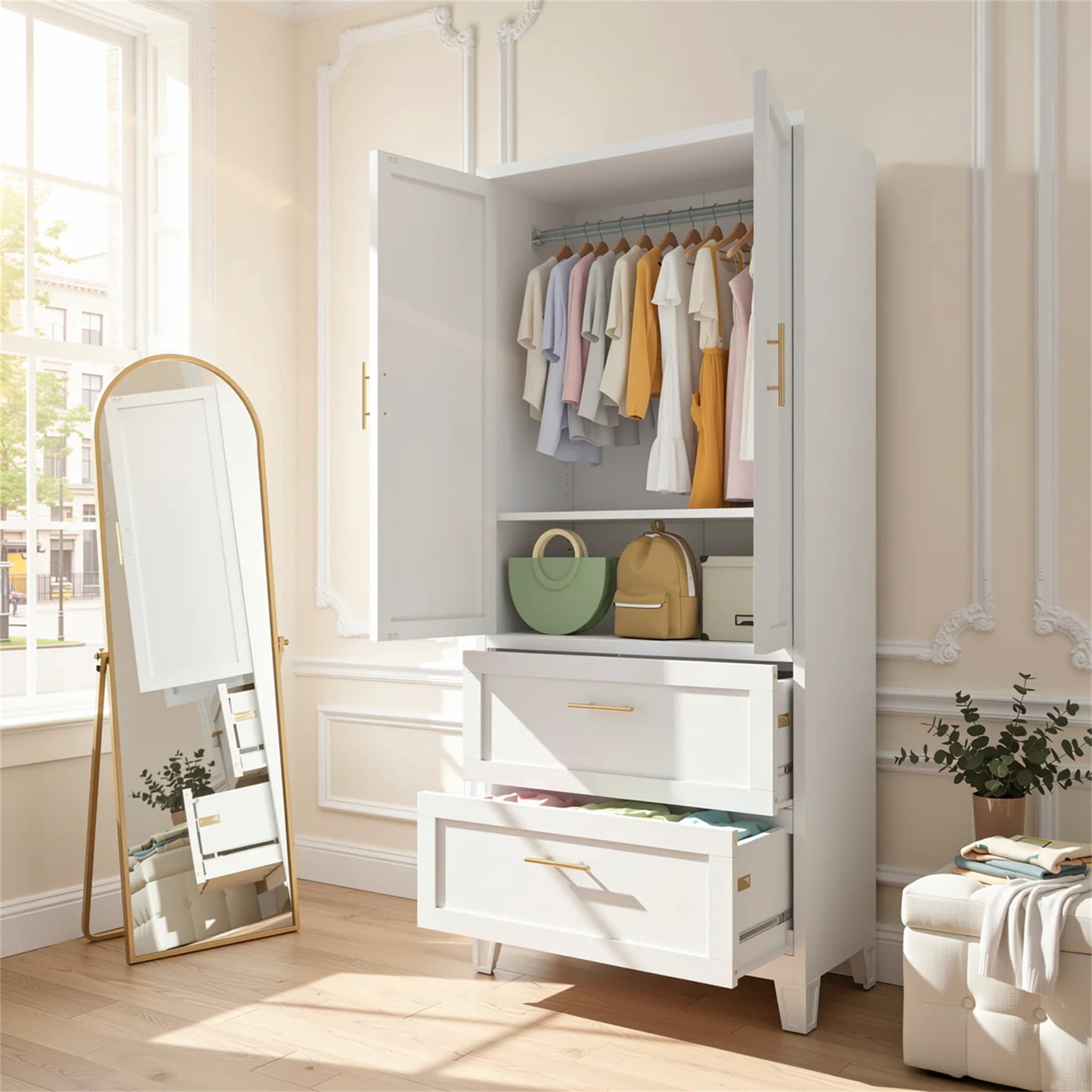 Homy Casa 71" White Armoire Wardrobe Closet with Doors & Drawers for Bedroom, Guest Room, Apartment