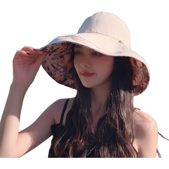 Kukuzhu Sun Hat for Women Wide Brim Reversible Bucket Hat UV Protection Foldable Summer Hat with Chin Strap Beach Hat for Travel