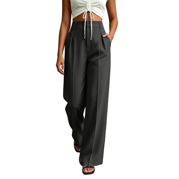 DeHolifer Women's Pants High Waist Casual Solid Color Straight Leg Work Business Dressy Pants Black L