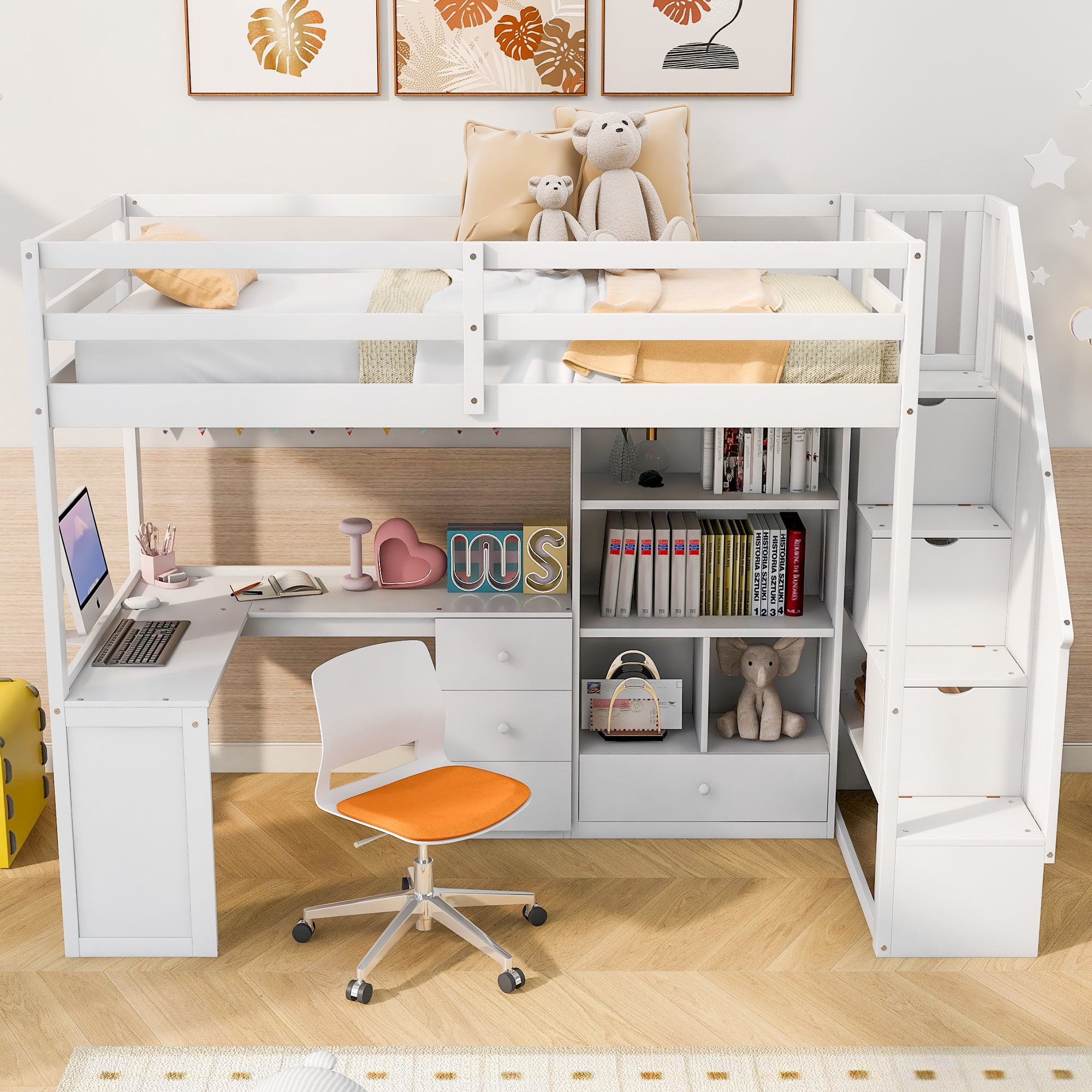 Euroco Wood Twin Size Loft Bed with Storage Cabinet and Desk for Kids, Teens,  White