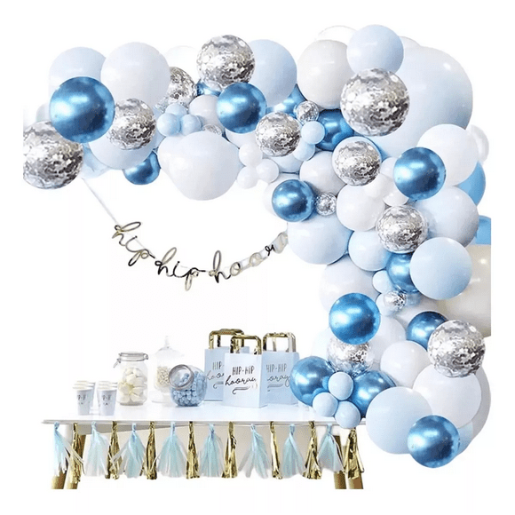 Decoracion Fiestas Globos Glitter Confeti, Azul Blanco/Plata