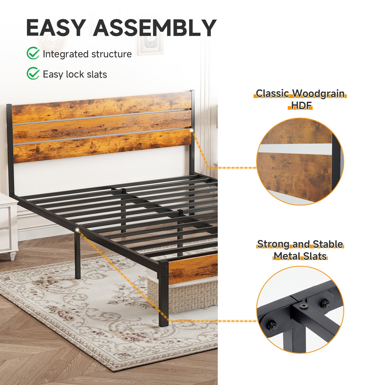 JONPONY Queen Size Metal Bed Frame with Headboard & Footboard, 800LBS Mattress Foundation, Sturdy Noise-Free Slats, No Box Spring Needed, Easy Assembly, Rust Brown