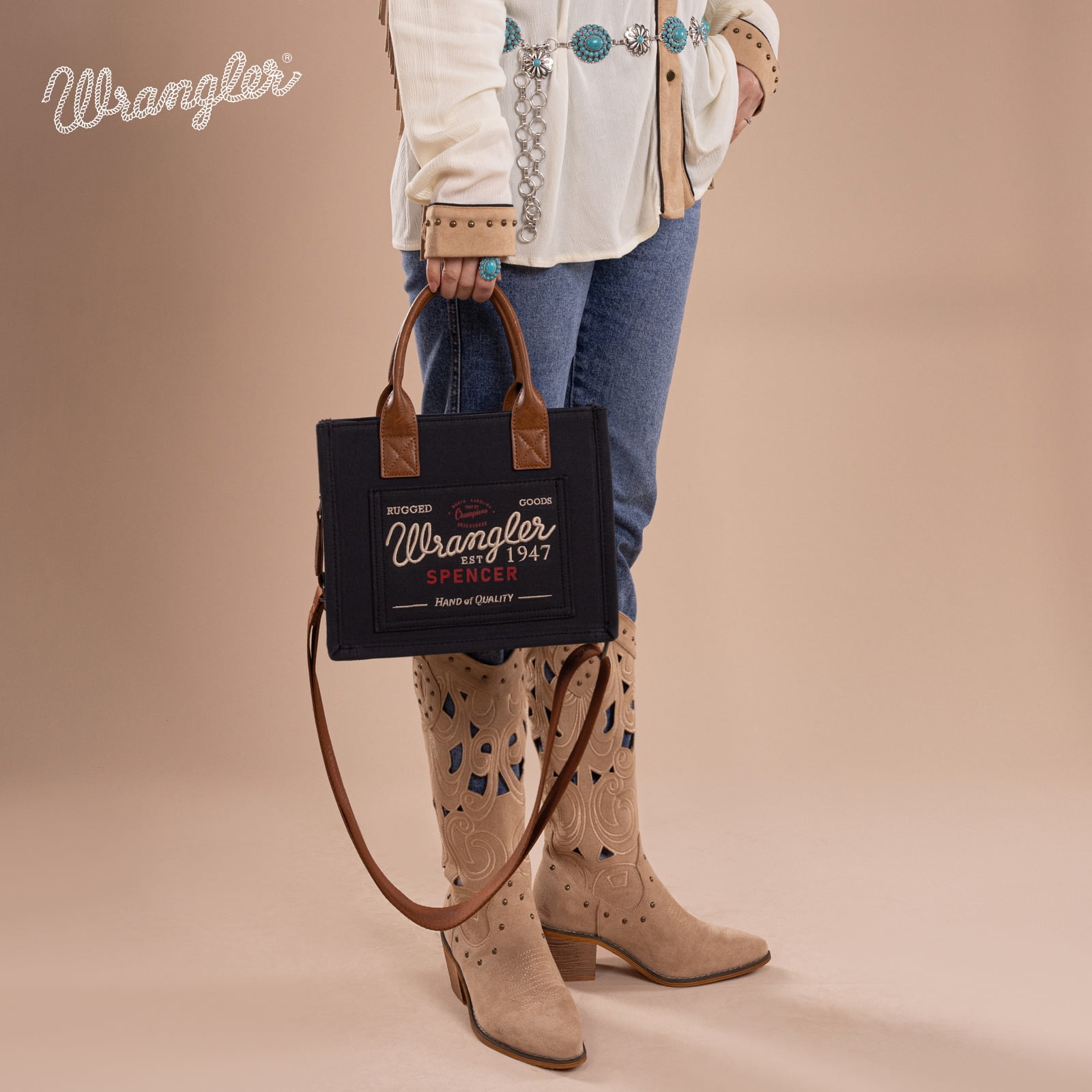 Wrangler Tote Bag for Women Retro Canvas Top Handle Purses and Handbags, Black