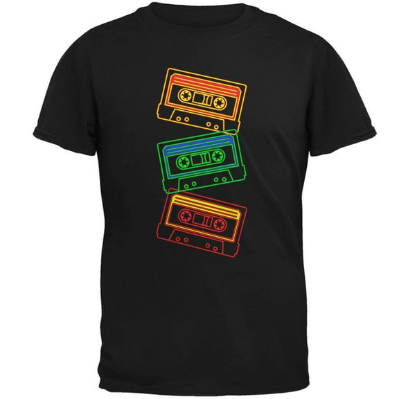 Retro 80s Neon Sign Cassette Tape Stacked Mens Soft T Shirt Black SM