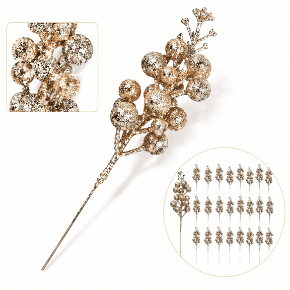 Artrylin 20 Pack Artificial Christmas Berry Stems, 9" Champagne Gold Holly Berry Picks – Floral Sprays for Christmas Tree, Wreath, Garland, Vase Filler, Winter Wedding & Holiday Home Decor