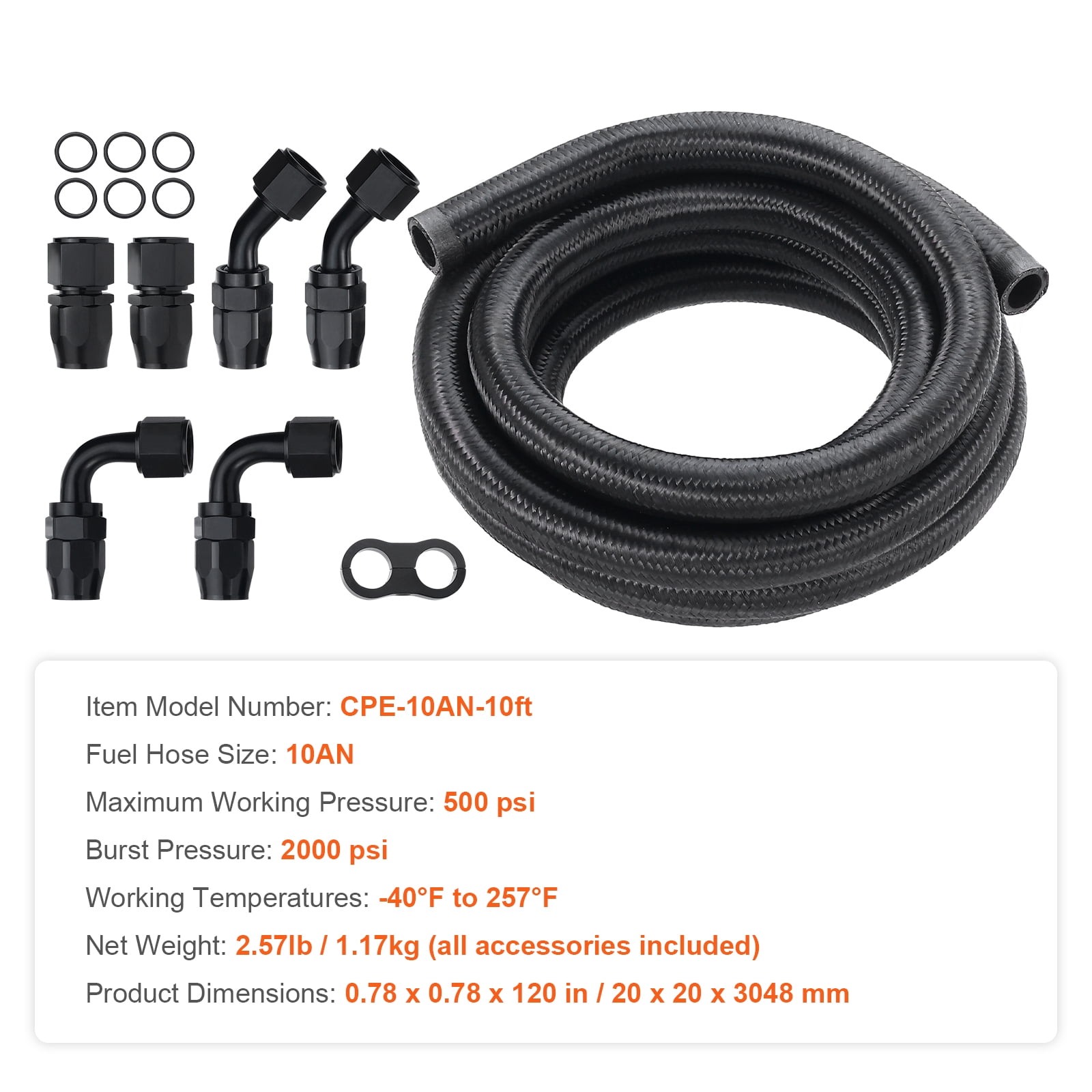KFFKFF 10AN Fuel Hose Bundle, 10 FT Long, 0.55" Nylon & Stainless Steel Braided Line for Oil/Gas/Diesel, Includes 7 PCS Swivel Adapter Fittings, Black