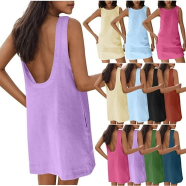 Lovskoo Womens Summer Linen Mini Dress Boat Neck Low Back Sleeveless Tank Dresses with Pockets 2025 Vacation Sundresses Beige