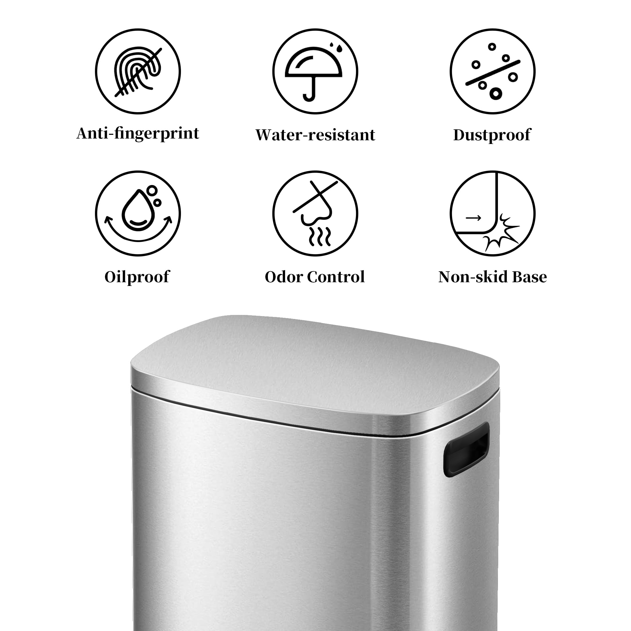 KSSKSS 13 Gallon Trash Can with Lid,Fingerprint-Proof Stainless Steel Kitchen Trash Can with Soft-Close Lid and Removable Inner Bucket,Silver