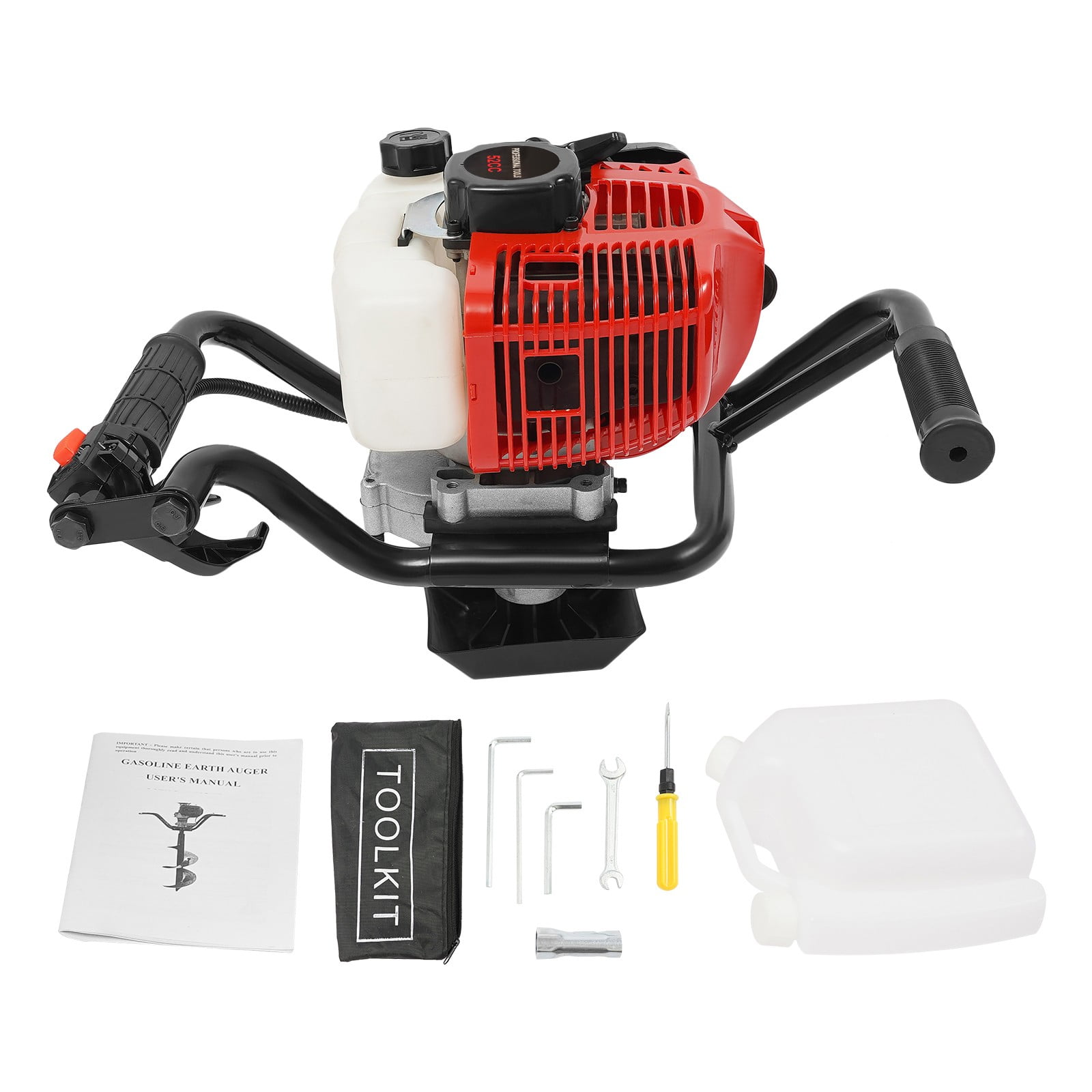 2-Stroke Gas-Powered 52CC Earth Auger Post Fence Hole Digger Powerhead, 2HP 6500RPM Petrol Drill Borer for Garden & Lawn, Digging, Suitable Drill Bit 3.94in/5.91in/7.87in/11.81in
