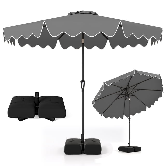 Costway Parasol de Patio 9 Pi avec Sacs de Sable à Base Lestée, Inclinaison à Bouton-Poussoir, Manivelle, Nervures Robustes, Gris