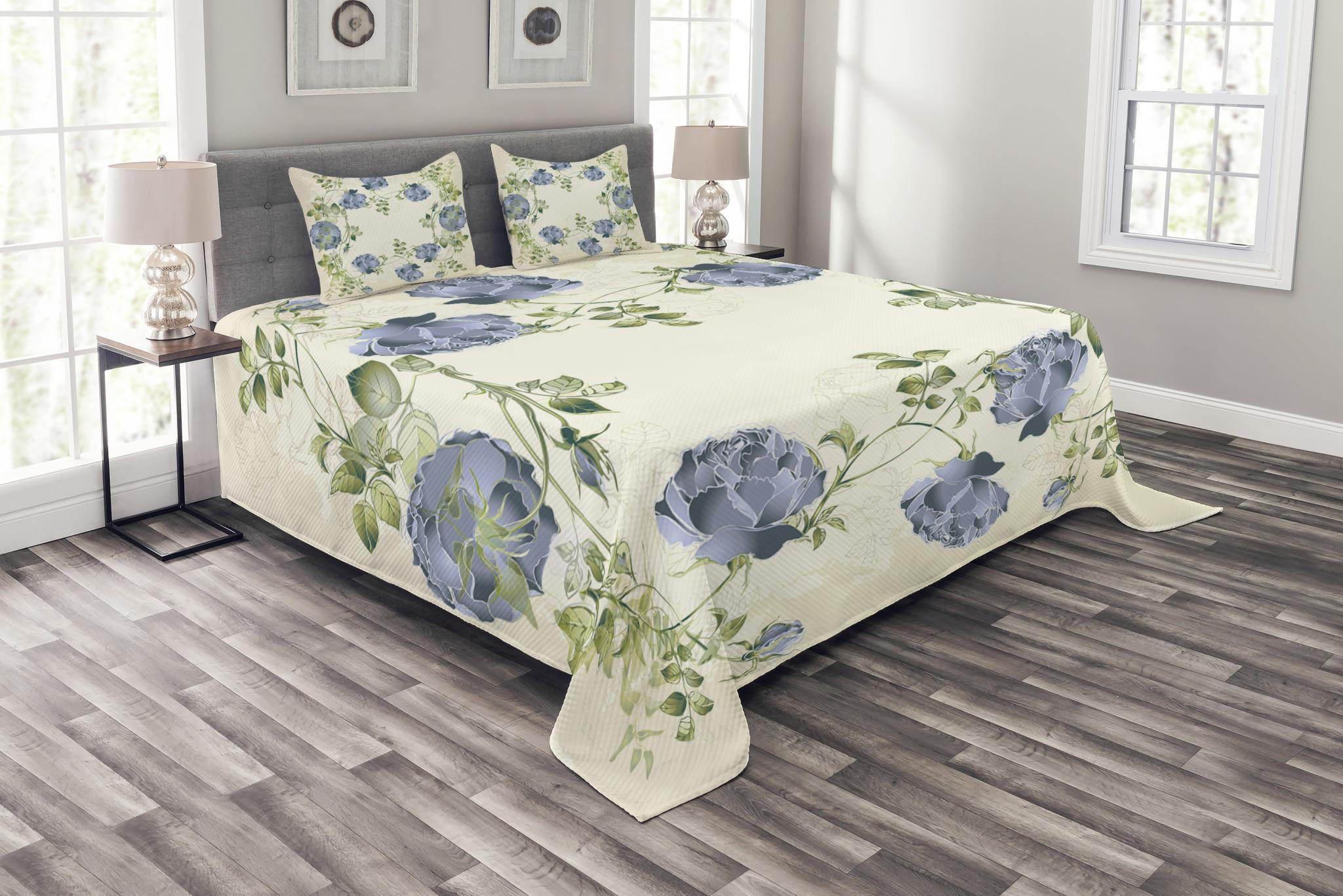 Floral Bedspread Set King Size, Vintage Style Roses Leaves Flower