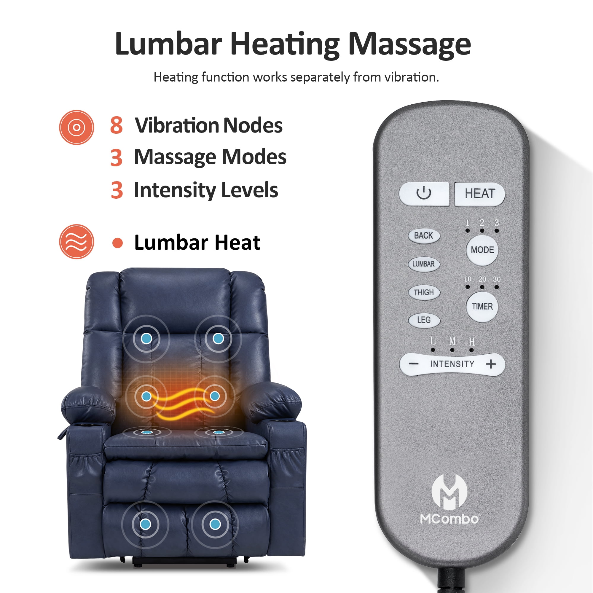 MCombo Large Lay Flat Dual Motor Power Lift Recliner for Big and Tall Elderly, Faux Leather(Blue)