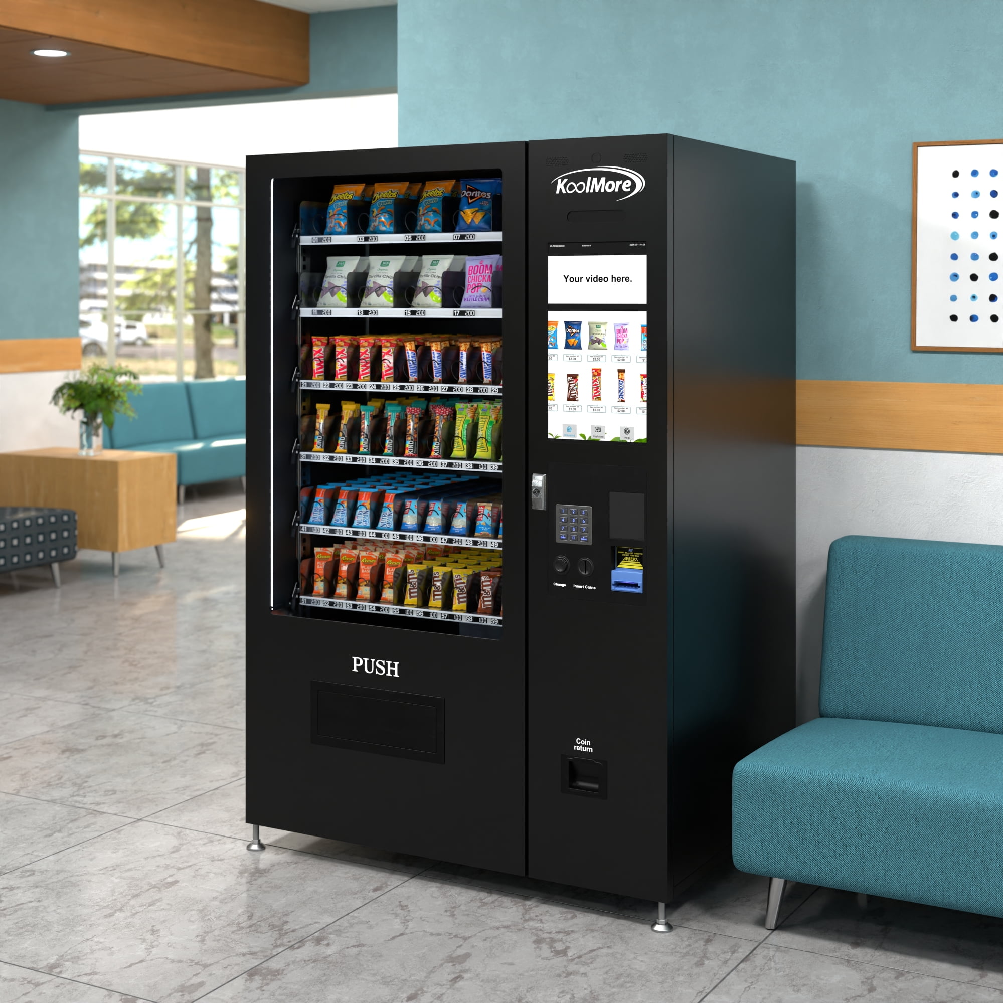 Non-Refrigerated Snack Vending Machine with 60 Slots, Coin and Bill Acceptor, and 22 Inch Touch Screen in Black (KM-VMNT-50-BC)
