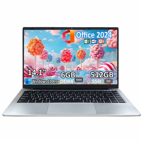 14.1" Student Laptop Computer Windows 11 Pro Office 2024 Privacy camera 6GB RAM 512GB SSD 2.6 GHz WiFi5 BT 4.2 Lightweight Business Laptop Computer