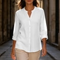 thumbnail image 3 of Perfectbot Women's Collarless Button Down Shirt, 3/4 Sleeve Cotton Linen Tunic Blouse with Curved Hem, 3 of 8