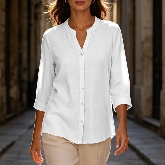 Warop Button Down Top for Women 3/4 Sleeve Linen V-Neck Shirt Fashionable Casual Loose Blouses