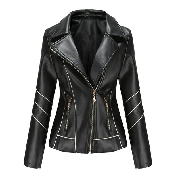 YUEHAO - Chaqueta de cuero ajustada para mujer, con cuello alto, costuras de cremallera, color liso, color negro
