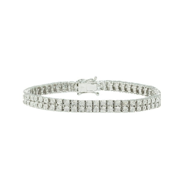 Double Row Genuine Diamond Bezel Bracelet in White Gold Finish - 7.5 inch