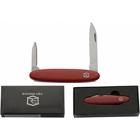 Rite Edge 3.25 2-Blade Pocket Knife - 440 Stainless Steel Serrated Blade Burgundy Handle Brass Pins - Compact Folding Utility Knife