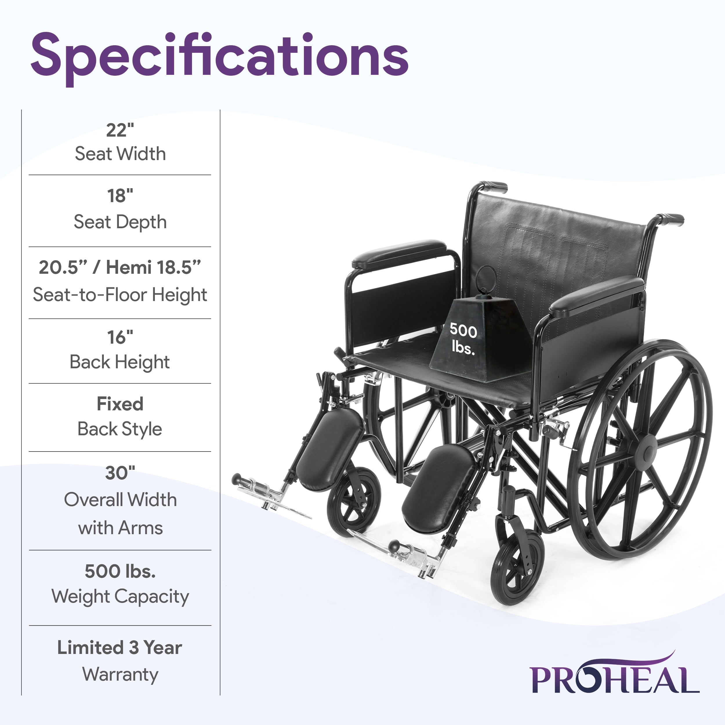 ProHeal Deluxe Ultra Wide Bariatric Wheelchair, 22" Wide Seat, Desk-Length Removable Arms, Elevating Leg Rests 500lb Cap